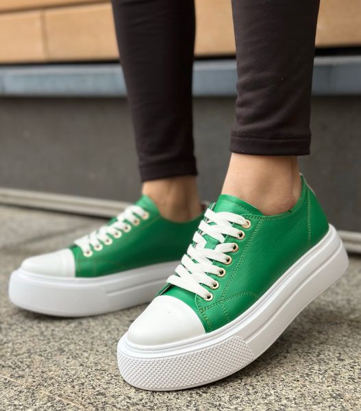 Зелені шкіряні з білою шкірою кеди Emeli 045-3 237847 фото - брендові жіночі кросівки розпродаж