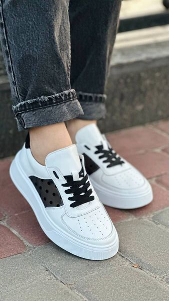 Білі чорні шкіряні жіночі кеди Emeli 1030-08 3245242534 фото - брендові жіночі кросівки розпродаж