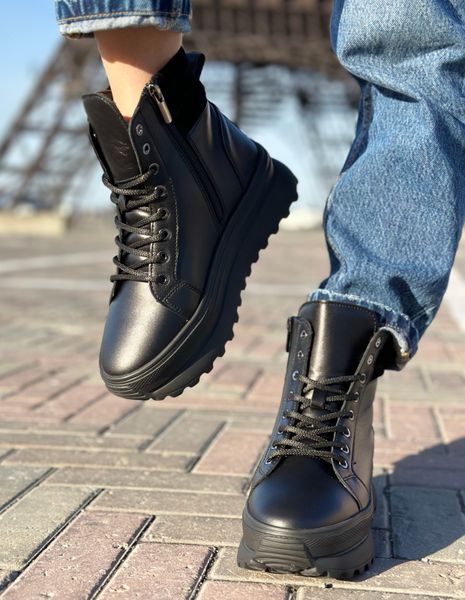 Шкіряні Чорні кросівки на хутрі 1801-7 53473625251 фото - брендові жіночі кросівки розпродаж
