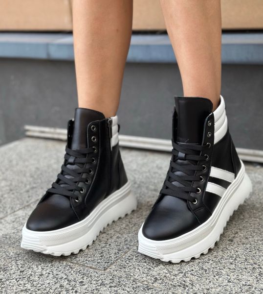 Шкіряні чорні черевики з білими смужками на Хутрі Emeli 1801-2 435346345213 фото - брендові жіночі кросівки розпродаж